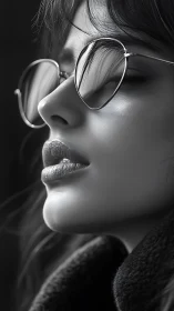 Monochrome close-up captures reflective sunglasses and poise.