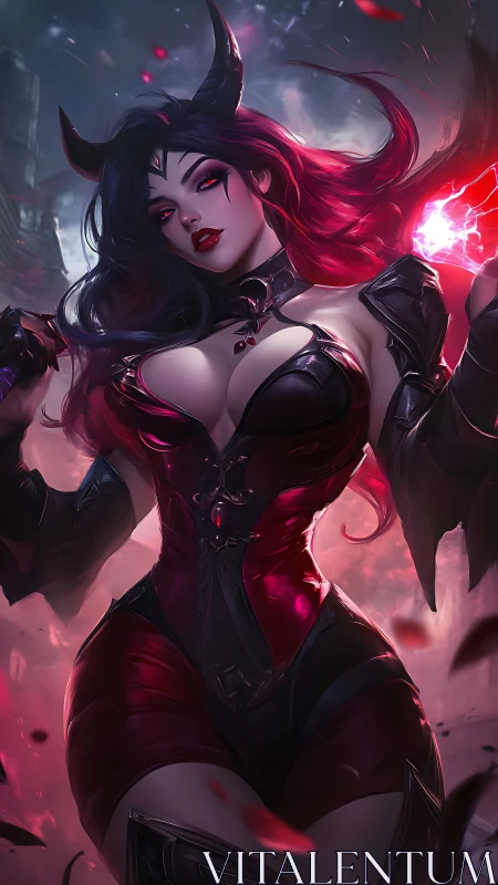 Horned female figure in red-black armor holds glowing energy