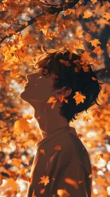 Autumn leaves swirl around a serene profile in golden light.