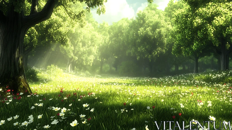 Sunlit forest clearing with dense wildflower meadow foreground