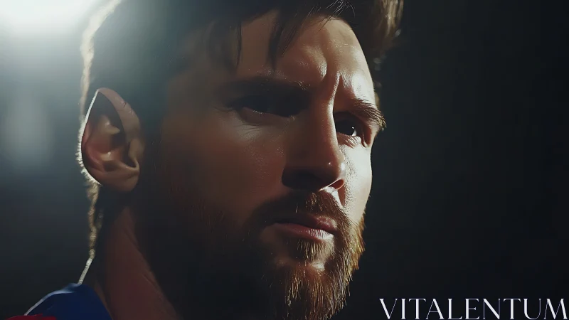 Focused footballer portrait under dramatic stadium light.