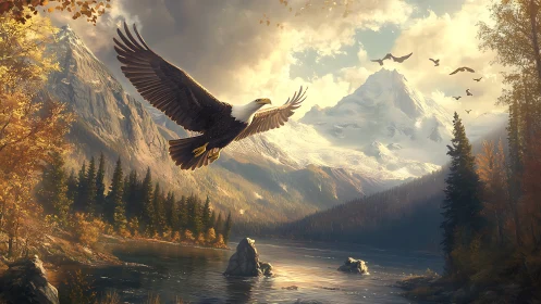 Bald eagle over alpine lake with forest and distant mountains.