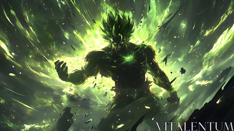 Humanoid figure stands in dense green energy burst with debris
