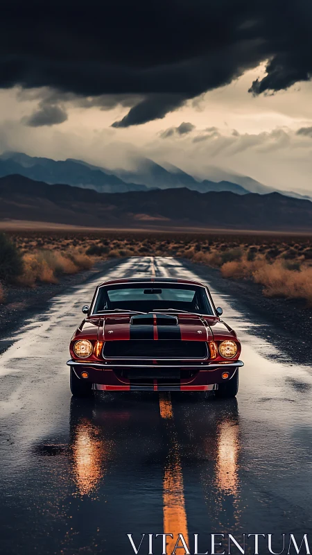 Red classic muscle car on wet desert highway at dusk.