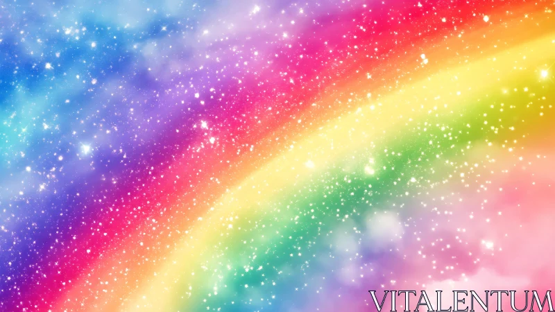 Curved rainbow band arcs across multicolored star field