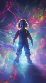 Sinister doll emerges within swirling neon cosmic vortex.