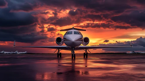 Front-view business jet on wet runway under dramatic sunset