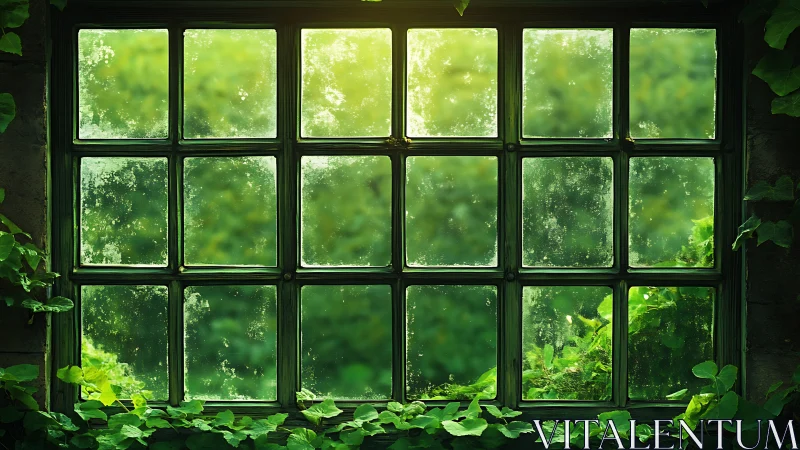 Old green window frames lush summer garden with soft light