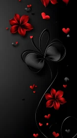 Black and Red Botanical Forms with Scattered Hearts on Dark Background