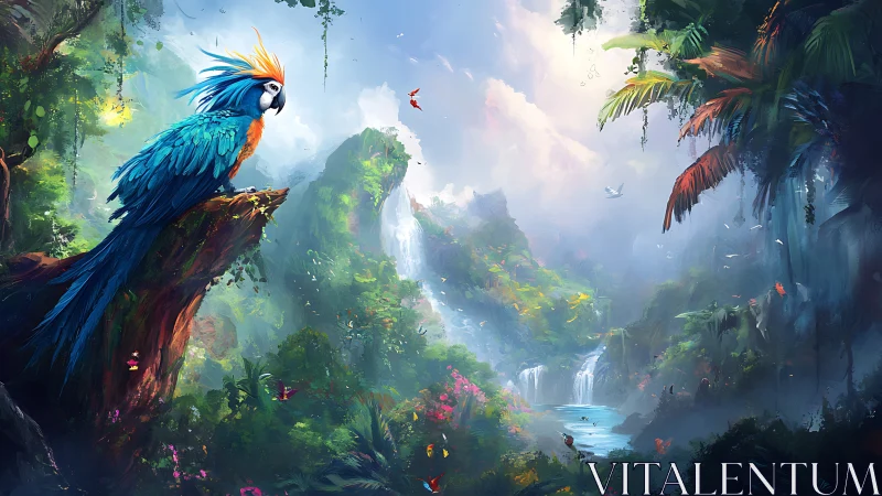 Vibrant blue macaw on mossy cliff above misty jungle waterfalls