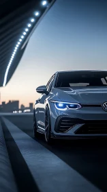 Sport hatchback with LED headlights on dusk highway.