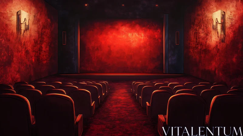 Empty red cinema interior uses dramatic chiaroscuro lighting