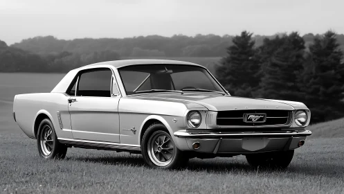 Classic 1960s coupe parked on grass in rural landscape