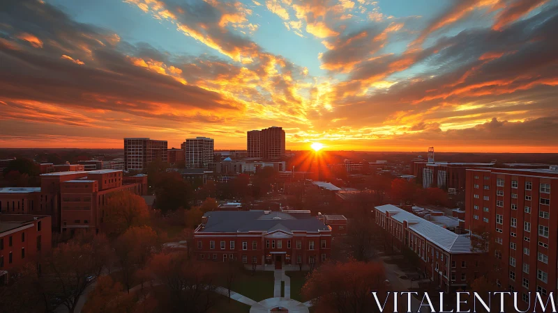Urban campus skyline under high-contrast radiative sunrise glow.