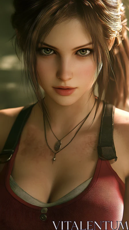 Cinematic female warrior portrait in warm rim lighting.