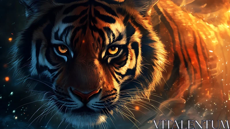 Close frontal view of tiger face amid glowing warm light.