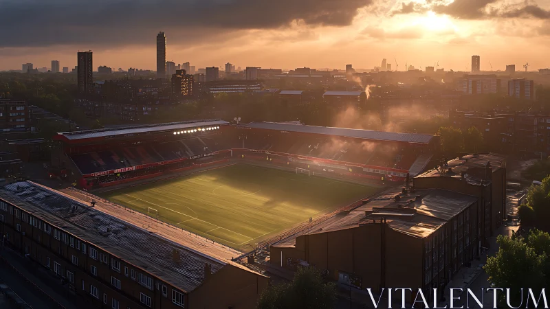 Sunlit urban football stadium glows under dramatic evening sky