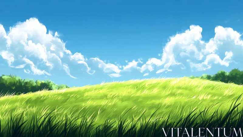 Sunlit grassy hill stretches under bright summer sky