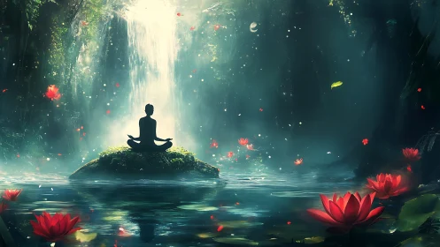 Meditative figure by waterfall in serene fantasy forest scene.