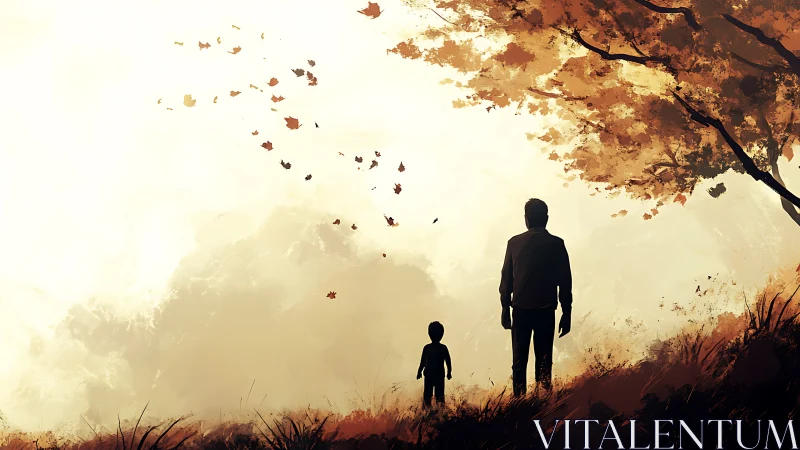 Warm autumn hillside walk shared between parent and child.