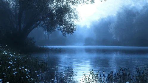 Nocturnal mist over tranquil lake renders luminous blue depth