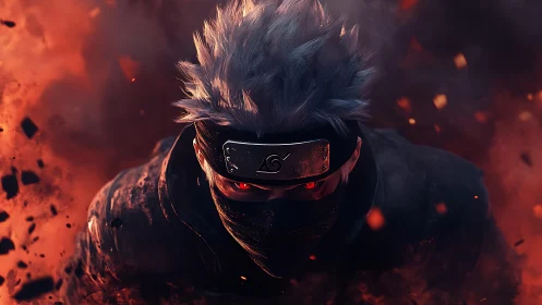 Fiery masked warrior stepping from swirling embers with resolve.