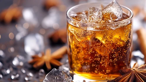 Carbonated Bourbon Beverage with Ice and Star Anise Garnish