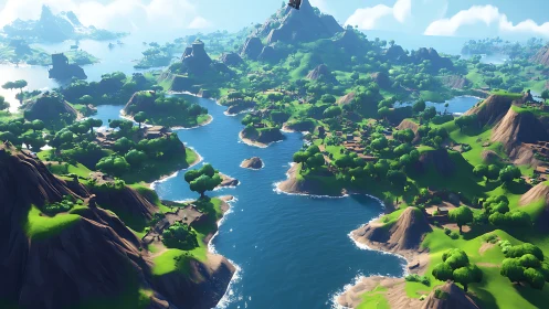 Emerald Valley Archipelago with Verdant Cliffs and Luminous Waters.