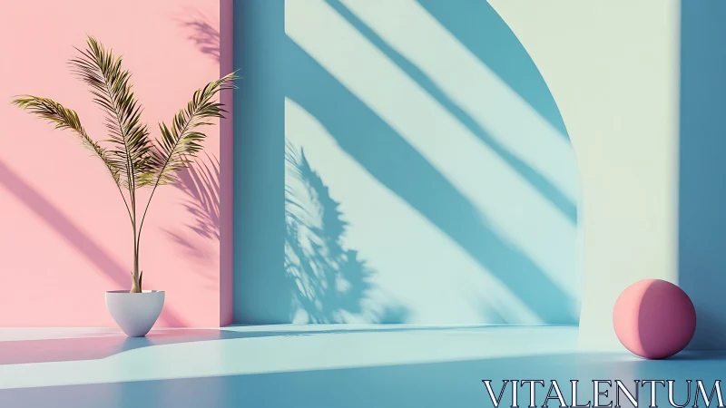 Soft pastel room with palm plant and playful pink sphere.