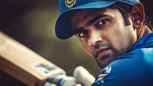 Cricket batsman portrait in intense shallow-depth focus.