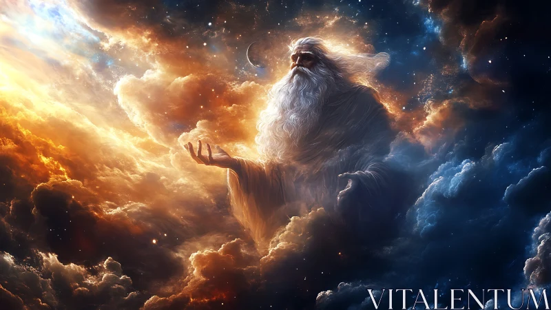 Celestial elder commands swirling cosmic storm clouds