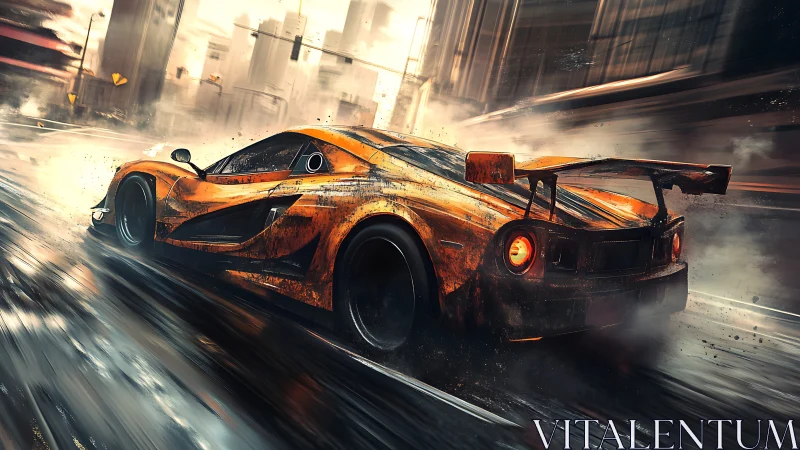 Aerodynamic hypercar drifting through kinetic urban rainstorm.