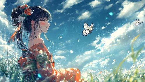 Anime girl in orange kimono under luminous sky with butterflies