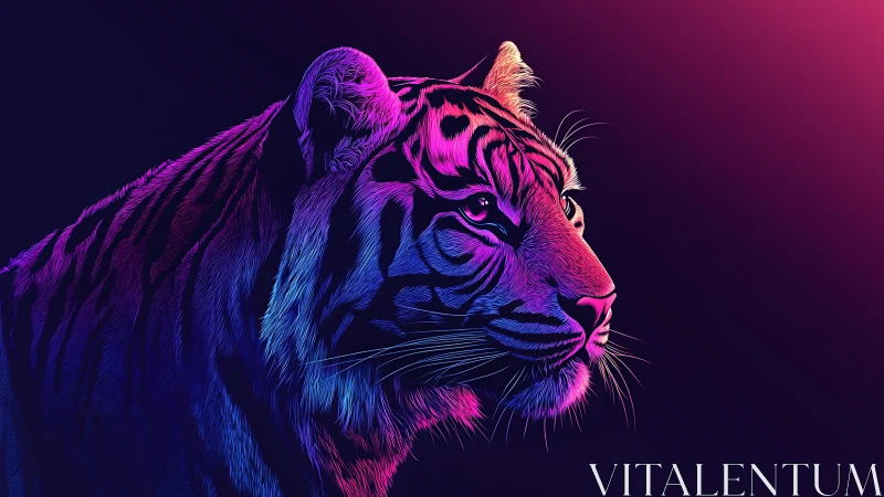 Neon gradient tiger portrait in vivid duotone lighting.
