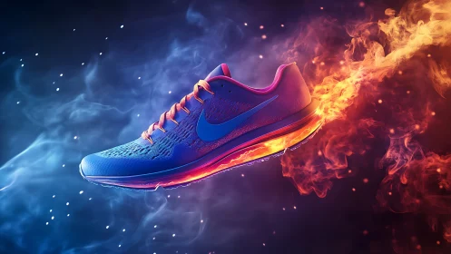 Running shoe glows in midair with fiery trailing flames