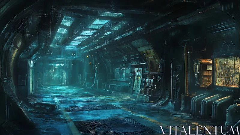 Moody sci fi corridor glowing with quiet blue mystery.