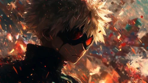 Explosive masked antihero amid incandescent particulate cascade.