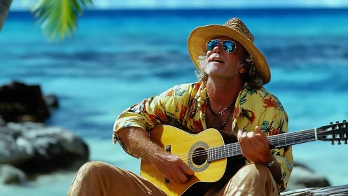 Beach guitarist enjoys a carefree tropical afternoon serenade