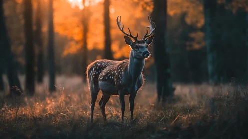 Gentle stag glowing in golden forest evening light.