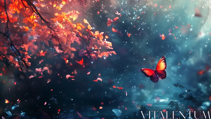 Luminous orange butterfly drifts through glowing forest dusk