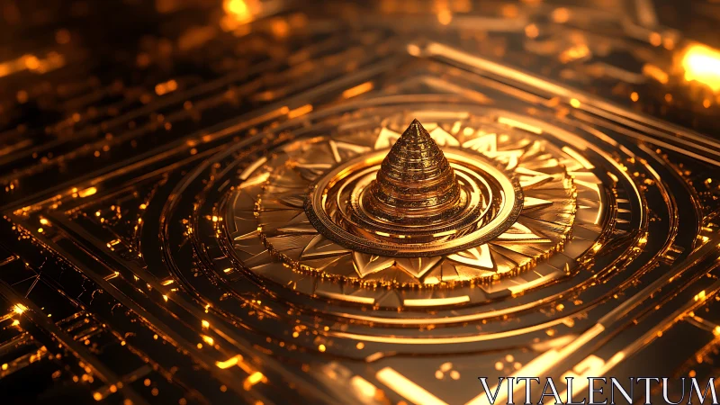 Golden fractal mandala core with concentric metallic circuitry.