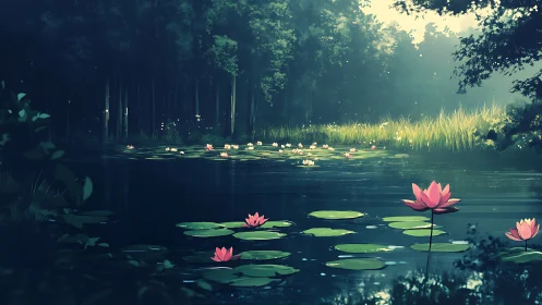 Nocturnal lotus wetland with atmospheric depth rendering.