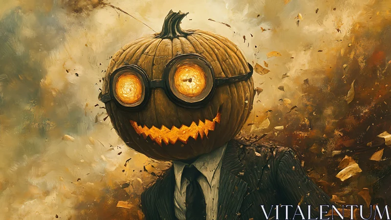 Pumpkin-headed figure in suit amid swirling autumn debris.