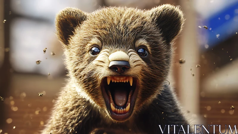 Digital close-up shows young bear with open mouth and teeth