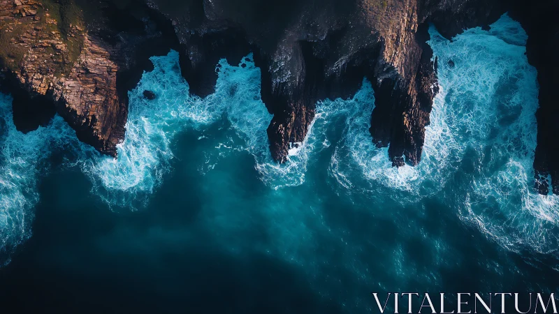 Aerial littoral interface with fractured basaltic cliff systems.