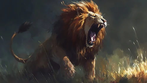 Digital painting of roaring lion in dynamic brushwork field.