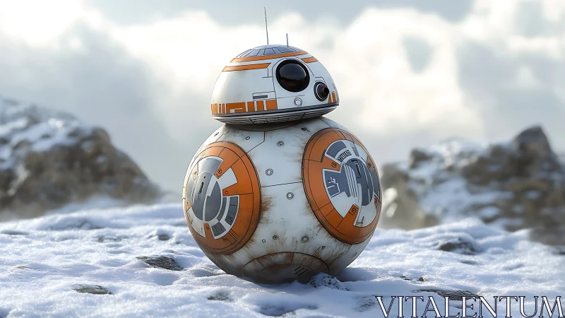 Spherical orange-white droid scans snowy rocky plateau