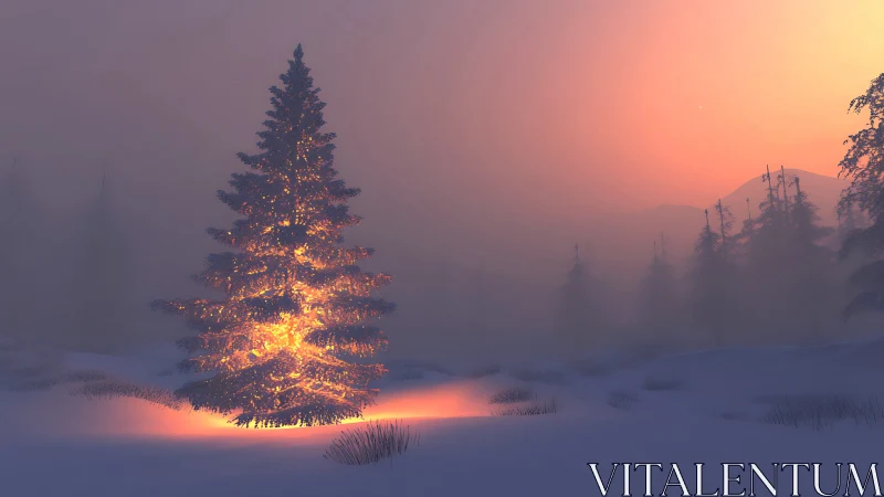 Winter pine lantern igniting a misty pastel sunrise.