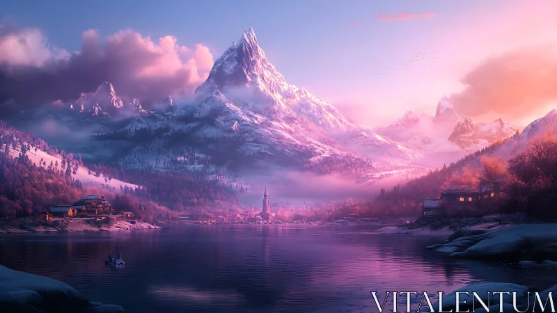 Snow-covered mountain range overlooks a lakeside settlement