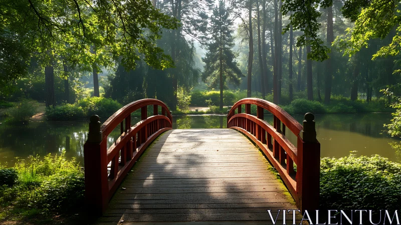 Sunlit red bridge inviting a quiet wander through the park.